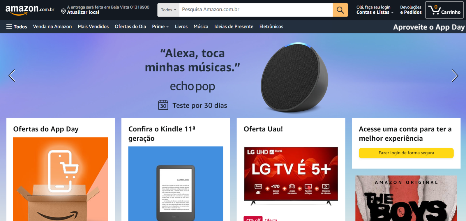 Print do site da Amazon para mostrar o carrinho de compras no canto superior direito da tela, seguindo heurísticas de nielsen