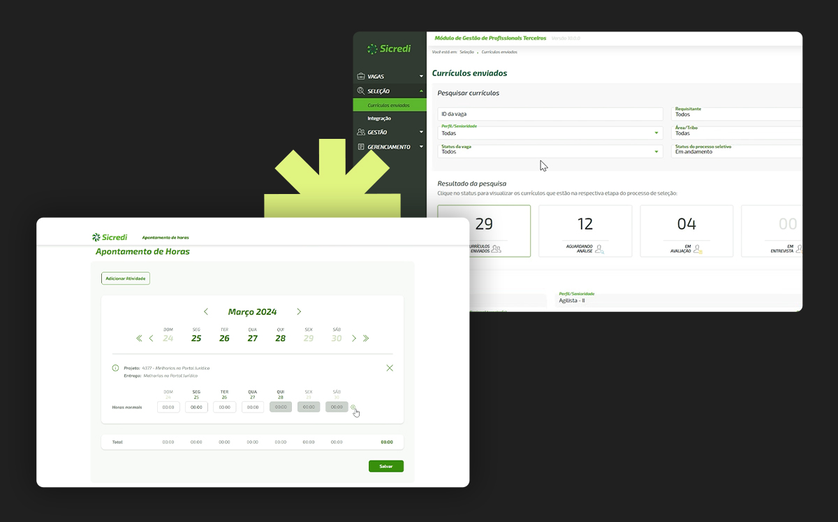 visualizações dos sistemas timesheet e mgtp, desenvolvidos pela softdesign para o sicredi